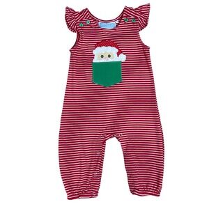 Trotter St Kids Red White Stripe Holiday Santa Pocket Christmas Romper Baby 6M